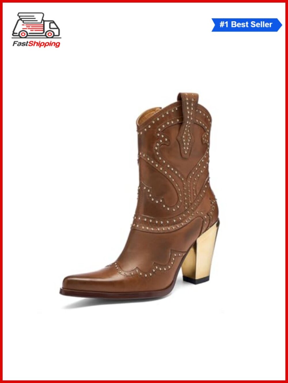 ✨Women's Western Ankle Boots Pointed Toe Chunky Heel Faux Leather Pull-On